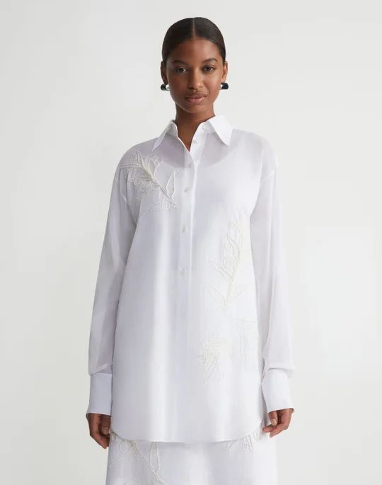 Embroidered Flora Cotton Voile Oversized Shirt | Lafayette 148 NY