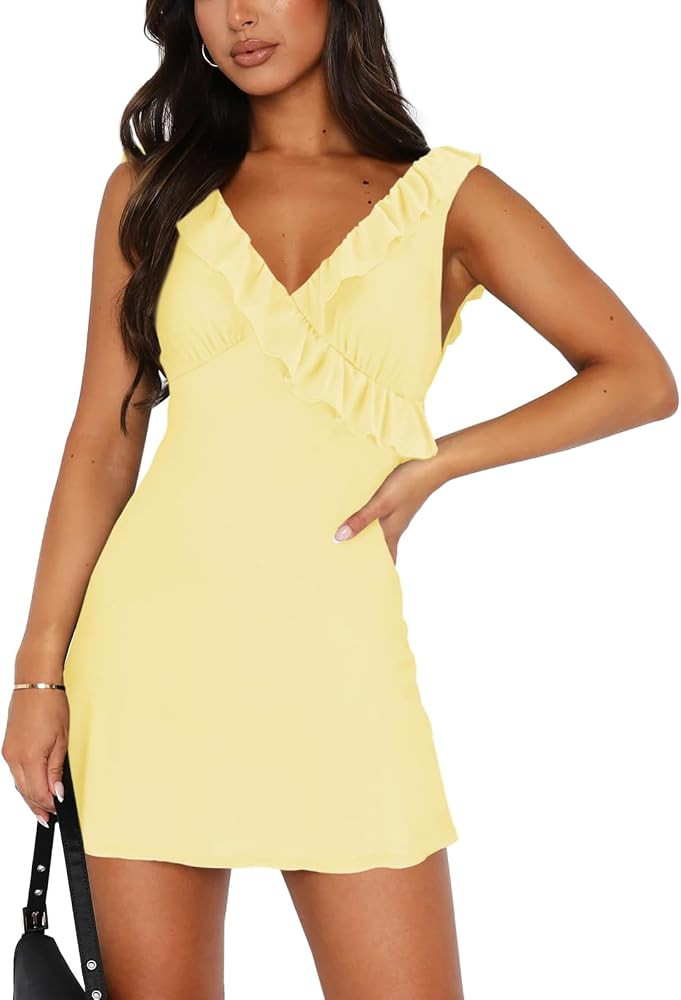 Women's Sexy V Neck Sleeveless Backless Ruffles Dress for Women Elegant Mesh Party Fitted Cocktai... | Amazon (US)
