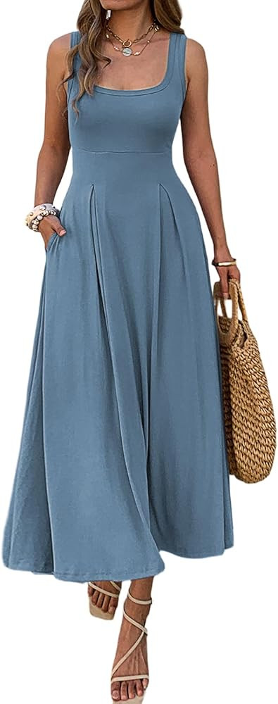 Women's Summer Sleeveless Empire Maxi Dress Square Neck A-Line Pleated Flowy Elegant Casual Dress... | Amazon (US)