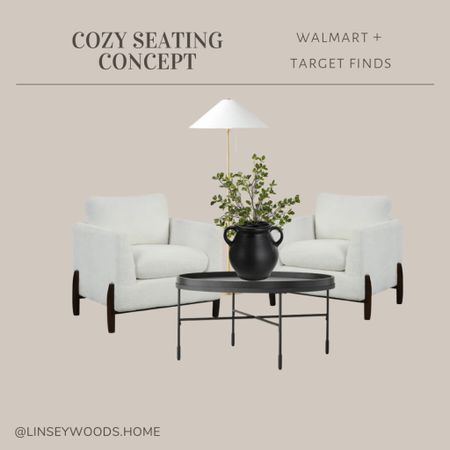 The perfect affordable living room or sitting room concept 👏🏼 Love these chairs with the gold studio McGee lamp!

Black coffee table, Sherpa chair, accent chairs, white chairs, neutral chairs, tripod lamp, black vase, faux stems 

#LTKsalealert #LTKhome