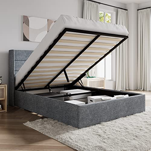 SHA CERLIN Full Size Lift Up Storage Bed/Modern Wingback Headboard/Upholstered Platform Bed Frame/Hydraulic Storage/No Box Spring Needed/Wood Slats Support/Grey Blue | Amazon (US)