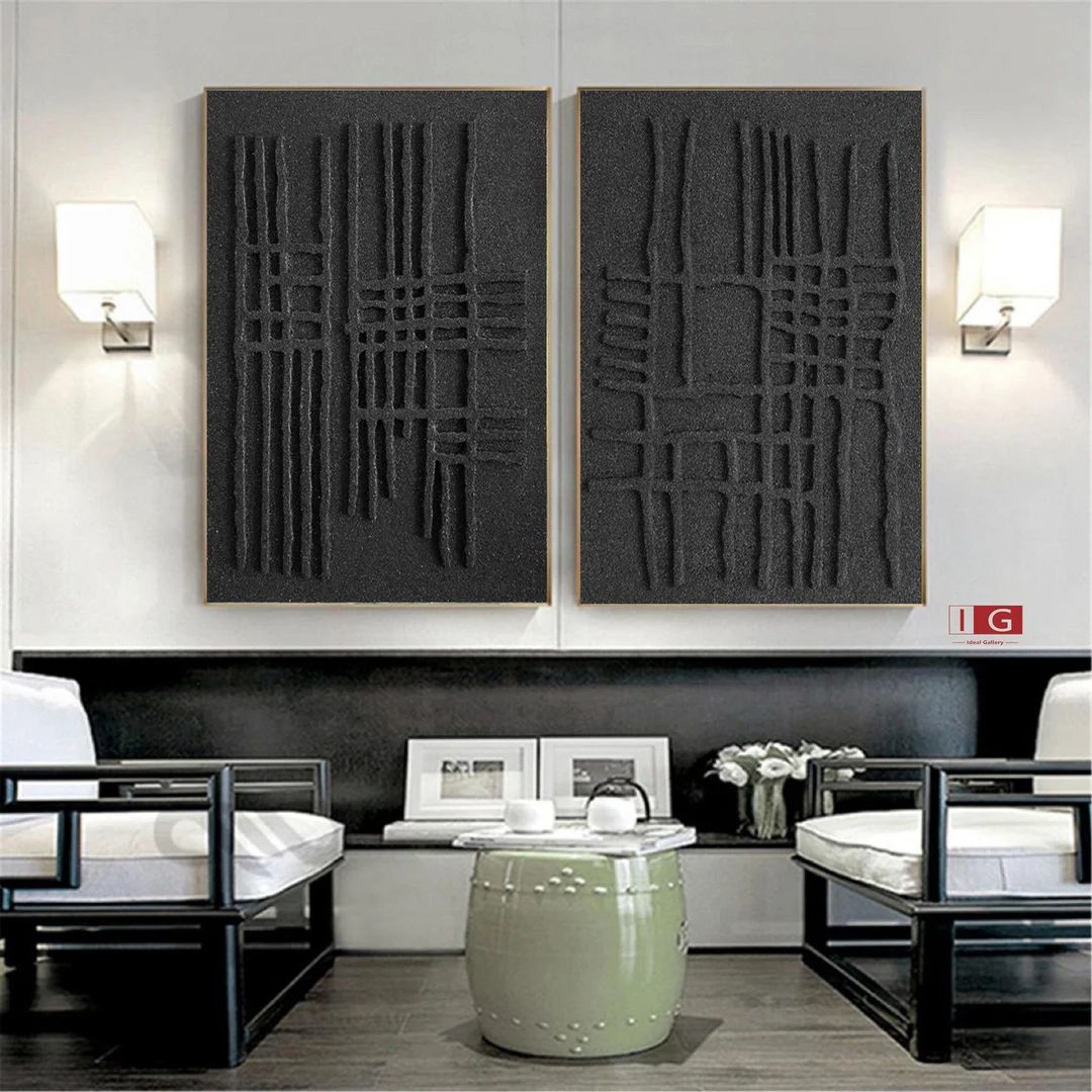 Black Abstract Painting Black 3D Textured art Set of 2 Black wall decor Set of 2 Black Wall Art B... | Etsy (US)