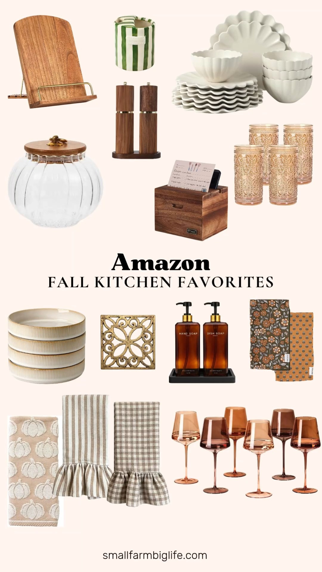 Fall Kitchen Favorites

These are the small kitchen swaps that make the whole space feel warmer for fall. A set of ruffled brown plaid dish towels and a pair of tan jacquard pumpkin hand towels are an easy way to bring in seasonal color without a full kitchen overhaul, and the green striped ceramic mugs are perfect for warm drinks all season long.

For the table, the amber glass highball glasses and the hand blown amber wine glasses both add a rich, autumn toned touch to dinner, and the cappuccino white pasta bowls or the ivory scalloped stoneware dinnerware set are great if you want to refresh your everyday dishes. An amber glass soap dispenser set brings the same warm tone right to your sink.

A few favorite kitchen upgrades: the acacia wood recipe box with a built in phone holder and card slots is perfect for saving your go to recipes, and the wooden cookbook stand keeps things hands free while you cook. A gold and black cast iron trivet and a wooden salt and pepper grinder set both add a little farmhouse charm to the counter, and the glass pumpkin jar is a fun way to store snacks or tea through the fall season.

#fallkitchen #kitchendecor #farmhousekitchen #fallhome #kitchenfinds 

 #LTKfoodie #LTKSeasonal #LTKHome