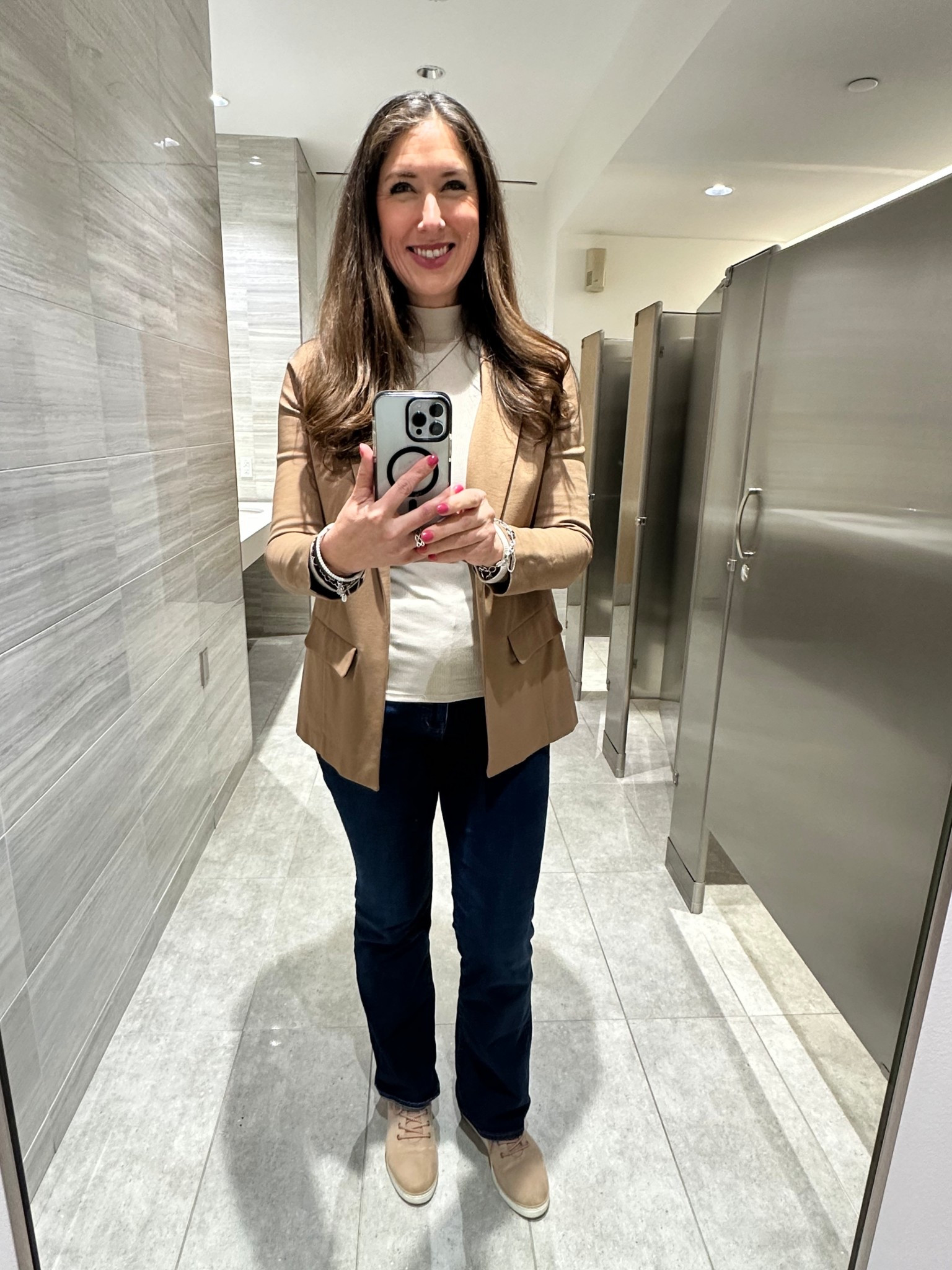 Working casual outfit pic in the bathroom. I’m 5’10” large top, Medium jacket and size 10 or 30” tall jeans.  9.5 shoes

#LTKOver40 #LTKTall #LTKdayinmylife