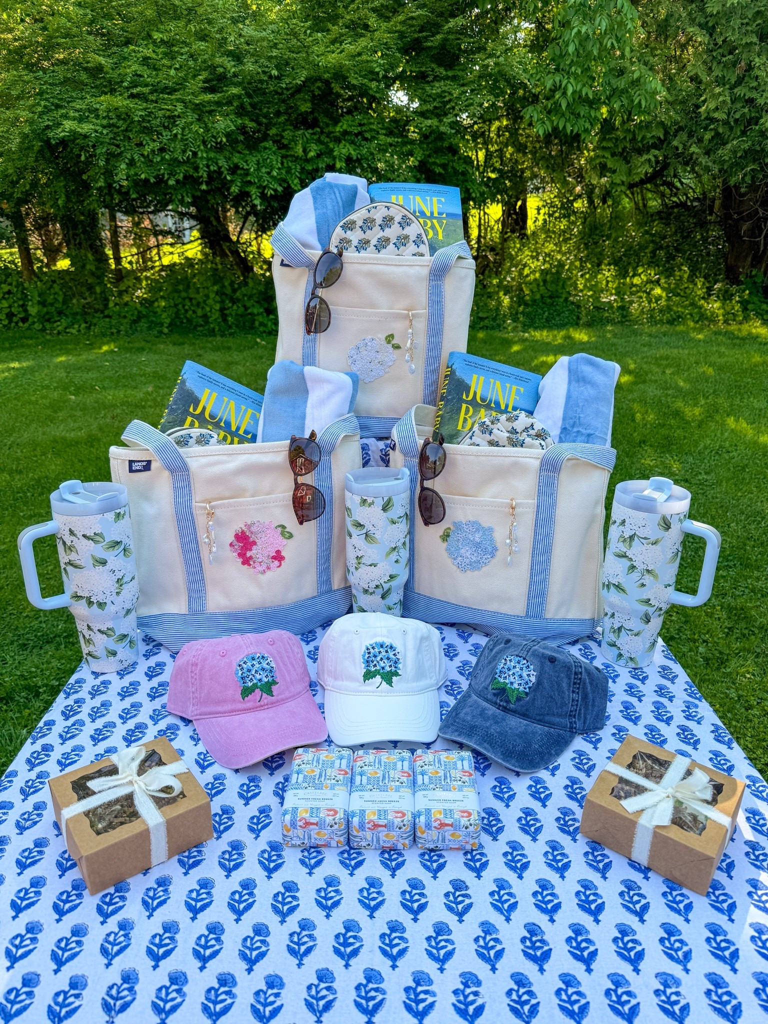 Summer staples from the giveaway! I love the blue stripe lands end bags (back in stock!) the hydrangea baseball caps and the hydrangea tumblers the best! 🌊🤍🥂

Hydrangea / hydrangea gifts / coastal grandmother / coastal granddaughter

#LTKSeasonal #LTKTravel #LTKHome