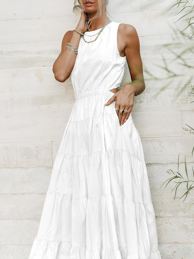 ANRABESS Womens Summer Sleeveless Cutout Maxi Dress Crewneck Tiered Flowy A-Line Sundress with Pocke | Amazon (US)