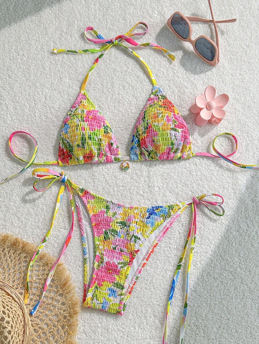 Swim Mod Flower Print Halter Top And Tie Side Swim Bottom 2 Pieces Bikini Set, Beach Holiday Boho... | SHEIN