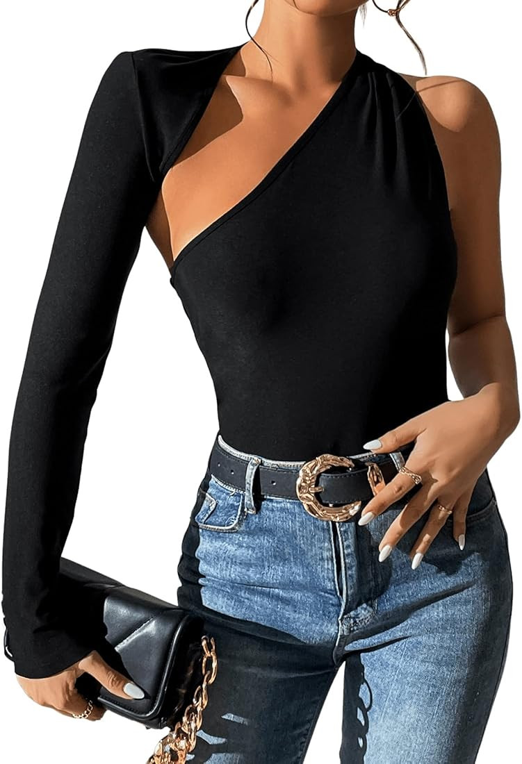 Women's Asymmetrical Neck Cut Out Long Sleeve Slim Fitted Tee Top | Amazon (US)