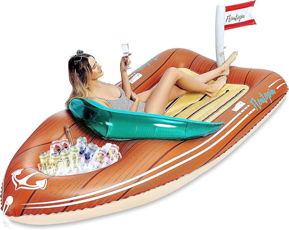 JOYIN Giant Boat Pool Float with Cooler - Inflatable Boat Funny Pool Floats Raft with Reinforced ... | Amazon (US)