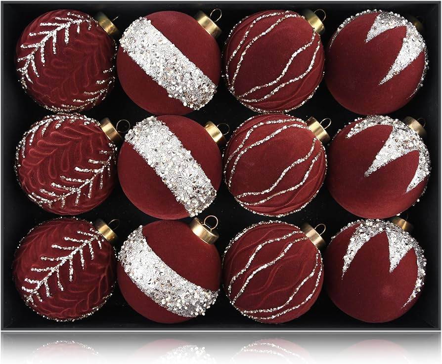 Flocked Ornaments for Christmas Tree - Maroon Red Burgundy Velvet Ball Ornament for Xmas Holiday ... | Amazon (US)
