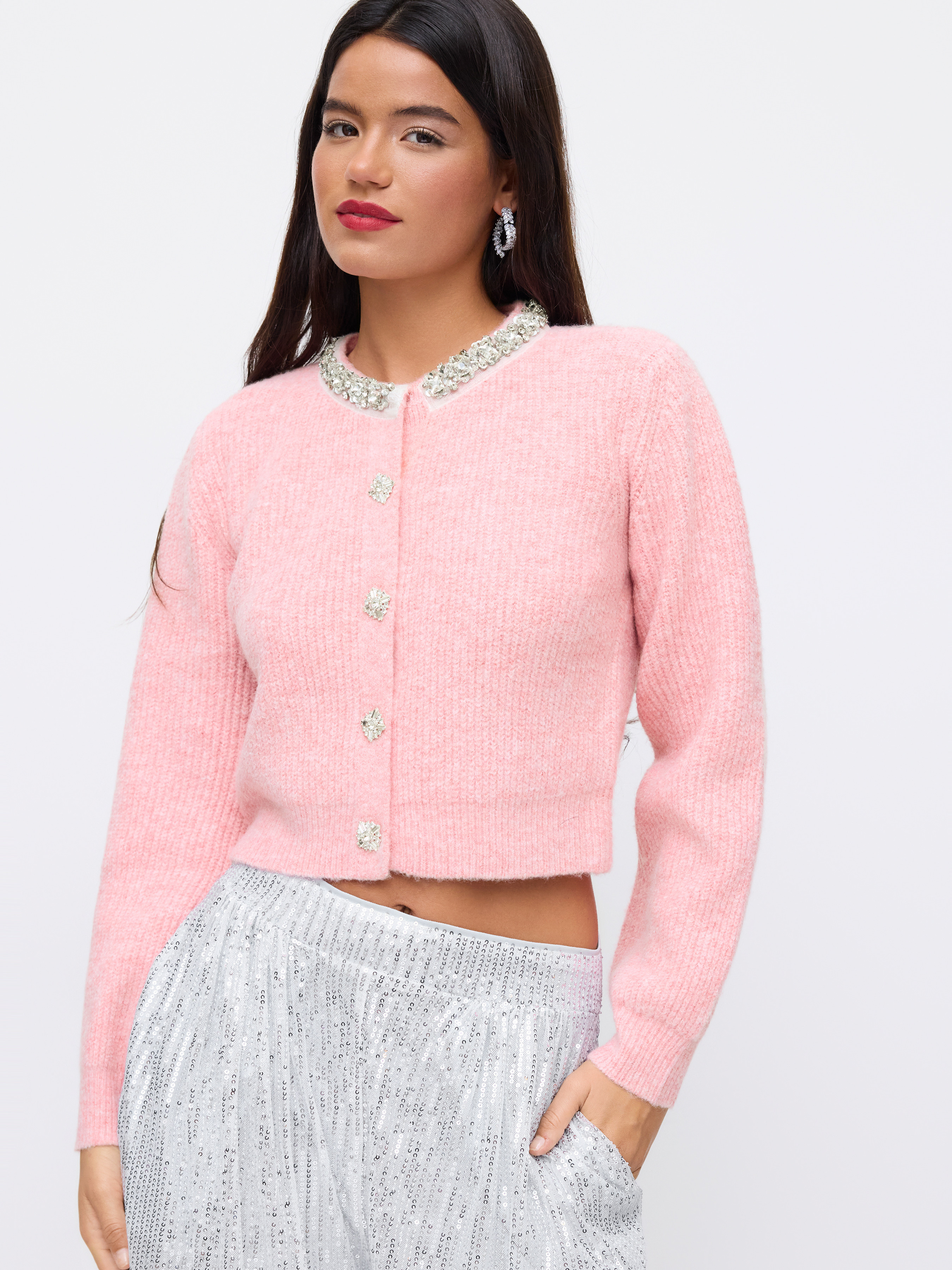 Knit Fabric Knit Wool-blend Round Neckline Long Sleeve Rhinestone Button Cardigan For Daily Casua... | Cider