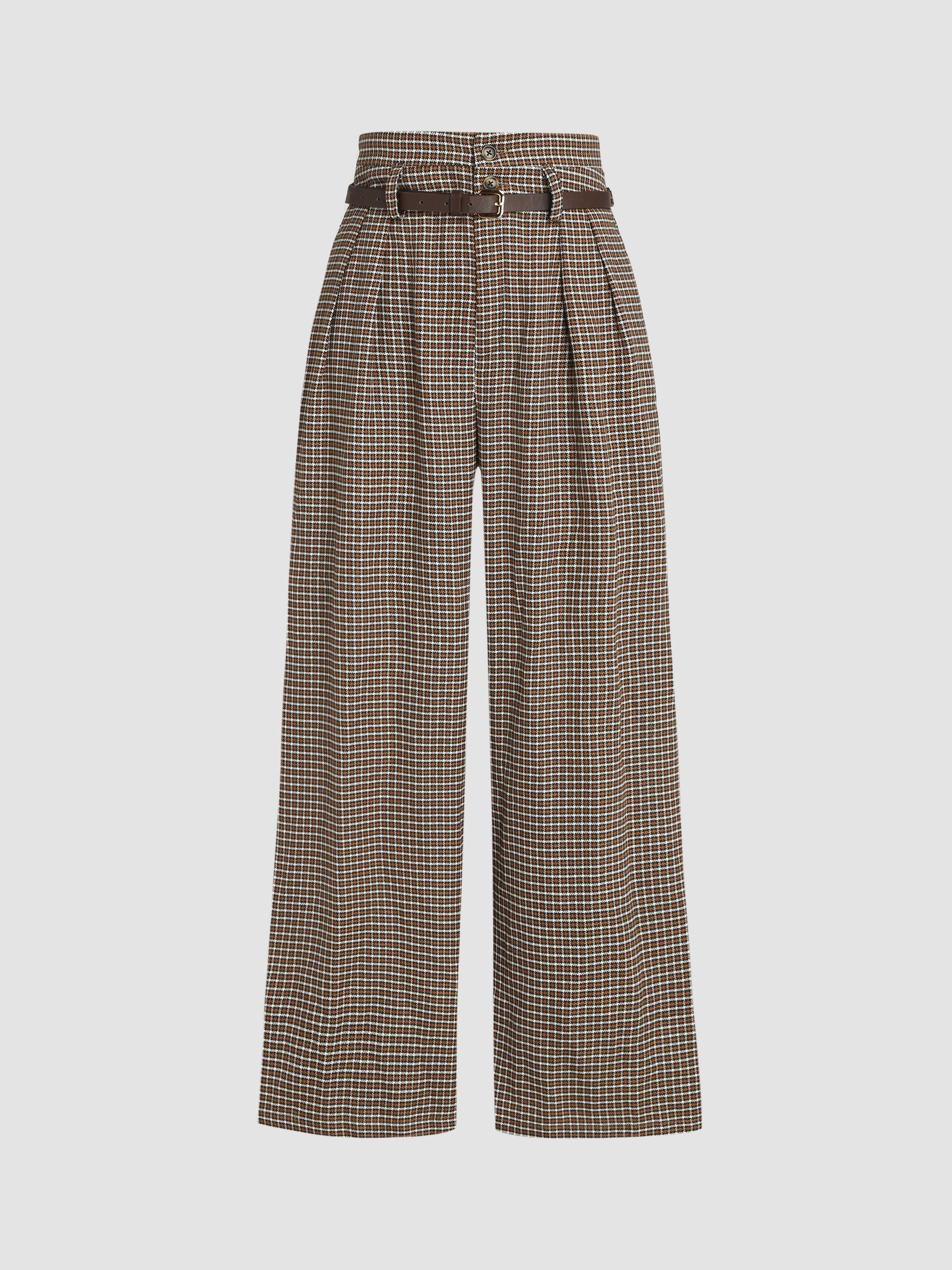 Woven Houndstooth High Waist Belted Wide Leg Trousers For School Work | Cider