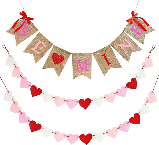 Valentines Day Burlap Banner, Valentines Decor for Home, Be Mine Hanging Banner & 28 Pcs Felt Hea... | Amazon (US)