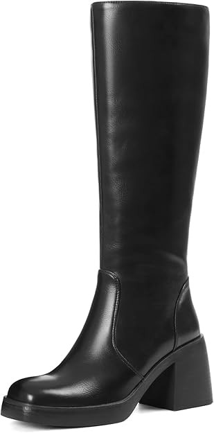 Women Knee High Boots Faux Leather Platform Chunky Square Toe Heeled Side Zipper Fall Wide Calf L... | Amazon (US)