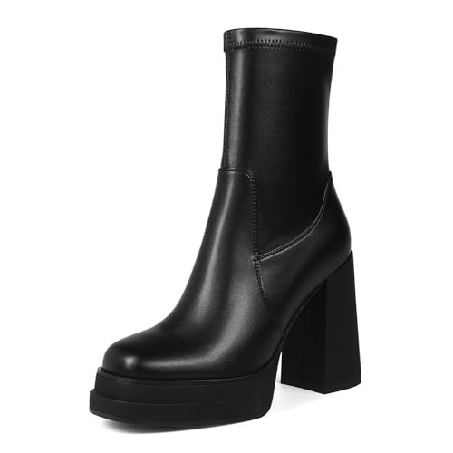 Cewpoeze Women's Platform Ankle Boots Square Toe High Chunky Heel Booties(Black, 9.5) | Amazon (US)
