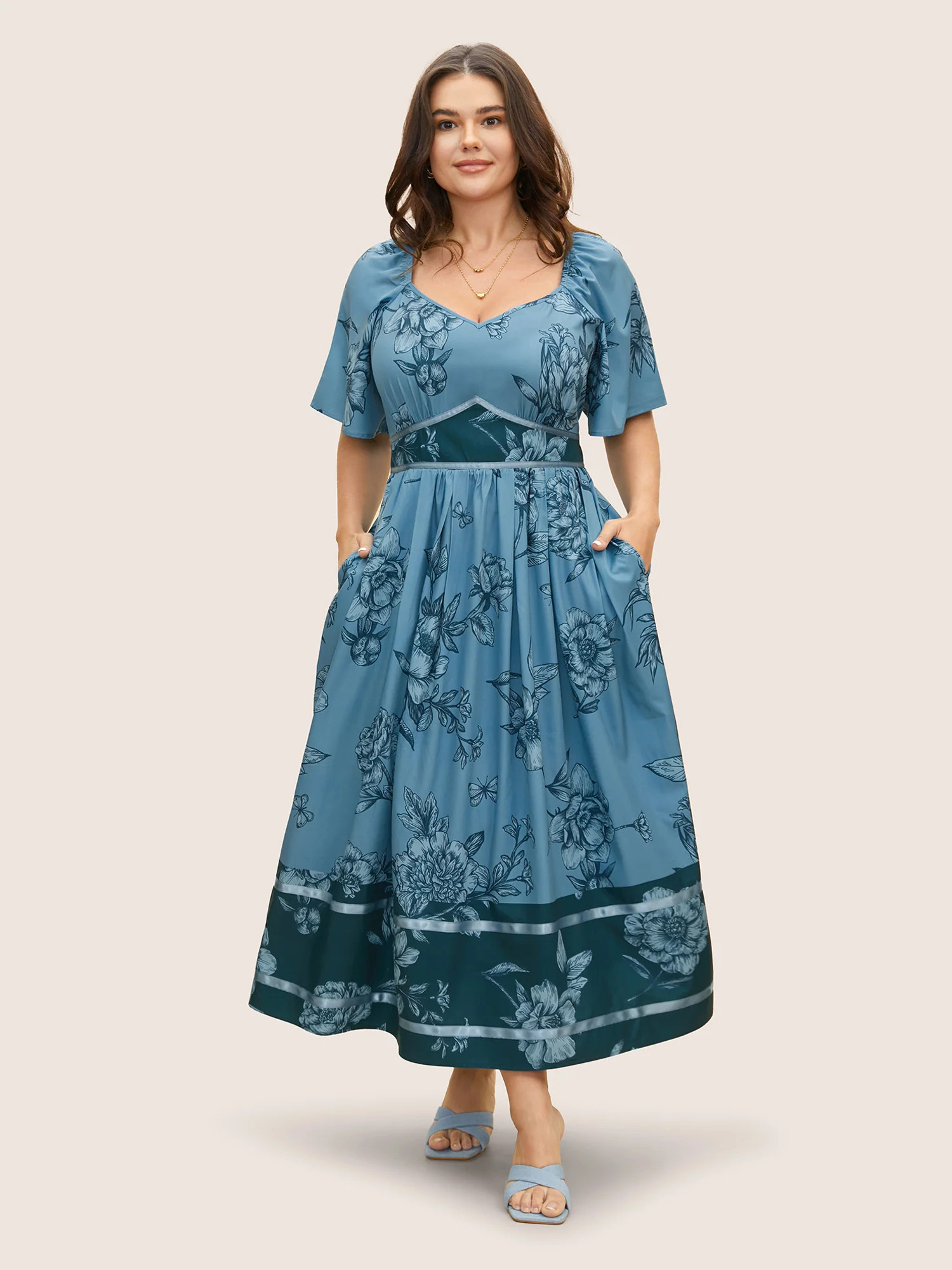 Boho Print Heart Neckline Ruffle Sleeve Maxi Dress | Bloomchic
