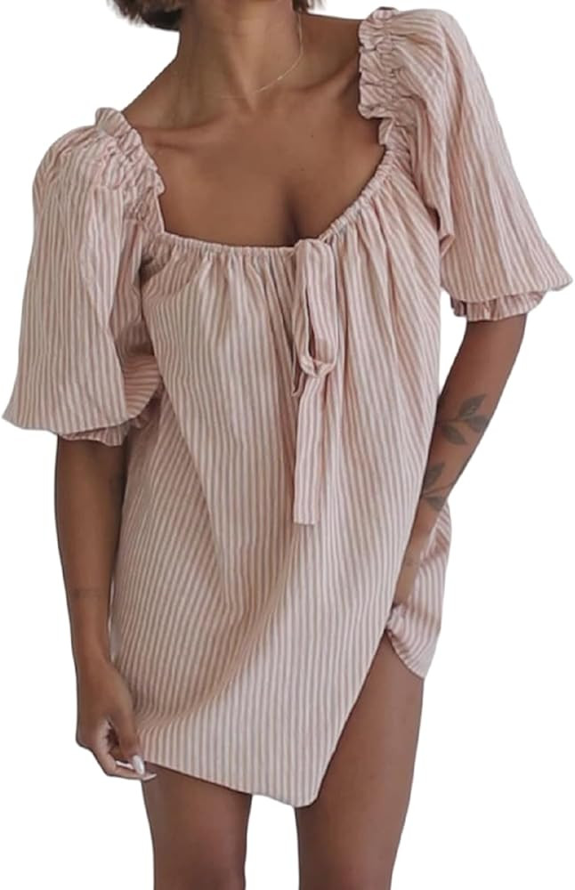 Women Y2k Nightgown Short Puff Sleeve Flowy Babydoll Dress Cute Square Neck Ruffle Dress Sleepwea... | Amazon (US)