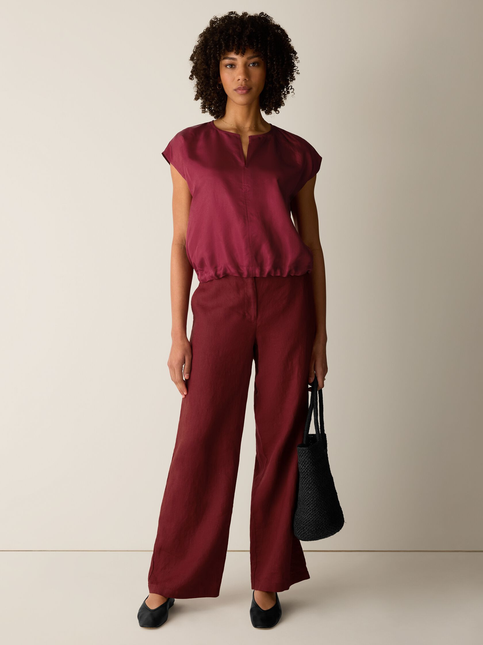 Lightweight Satin Shimmer Split Neck Top | Eileen Fisher