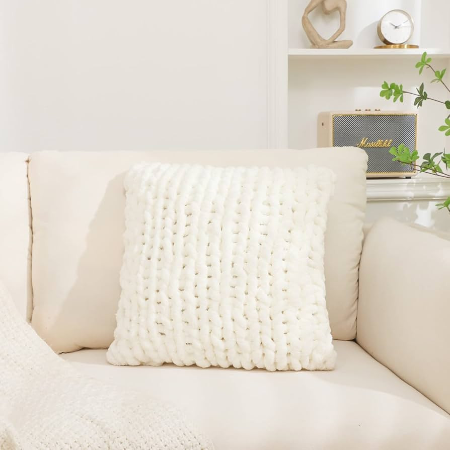 Cream White Chunky Knit Throw Pillow Covers 1PC 18"×18" Square Luxury Style Crochet Pillow Case ... | Amazon (US)