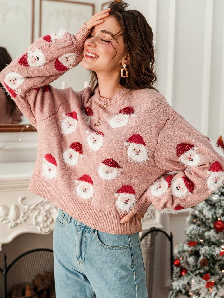 Simplee Drop Shoulder Santa Claus Pattern Sweater | SHEIN