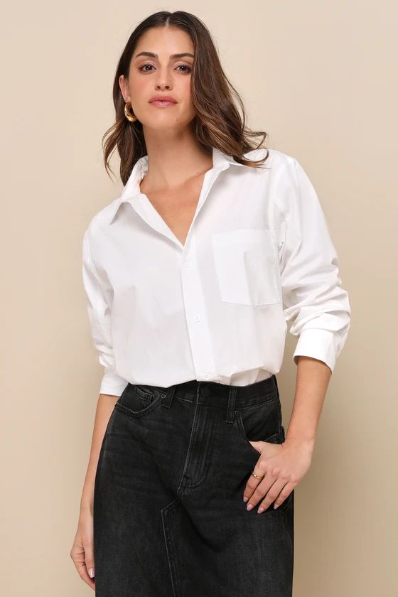 Classic Ideal White Cotton Long Sleeve Collared Button-Up Top | Lulus (US)