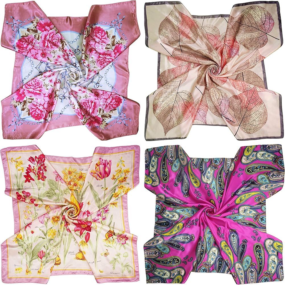 4 Pc Set Large 35 x 35 inches Satin Square Scarves Neck Hair Head Scarf Bundle | Amazon (US)