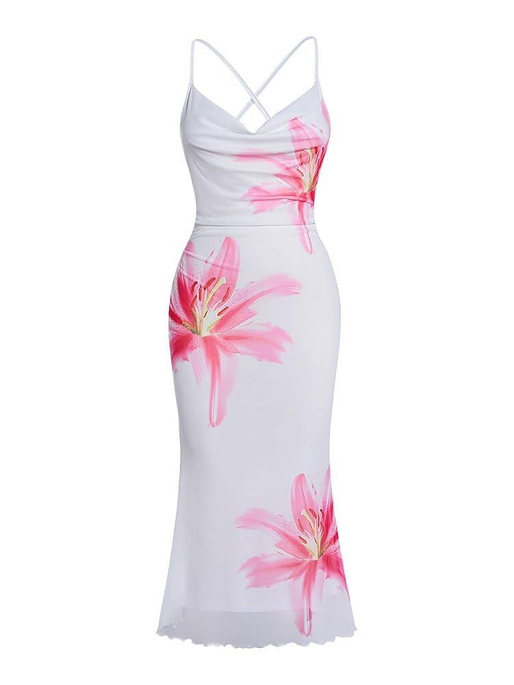 SOLY HUX Women's Floral Mesh Bodycon Cami Dress Cowl Neck Sleeveless Cocktail Party Wedding Guest... | Amazon (US)