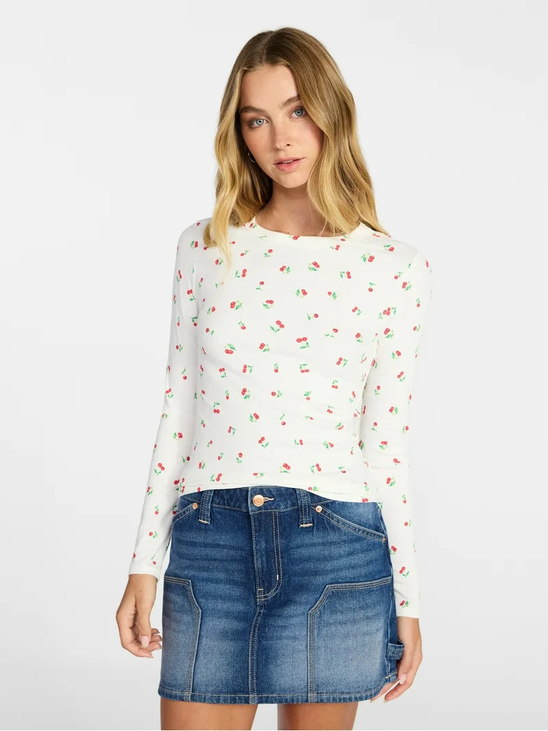 No Boundaries Ribbed Crewneck Tee with Long Sleeves, Women's XXS-XXL | Walmart (US)