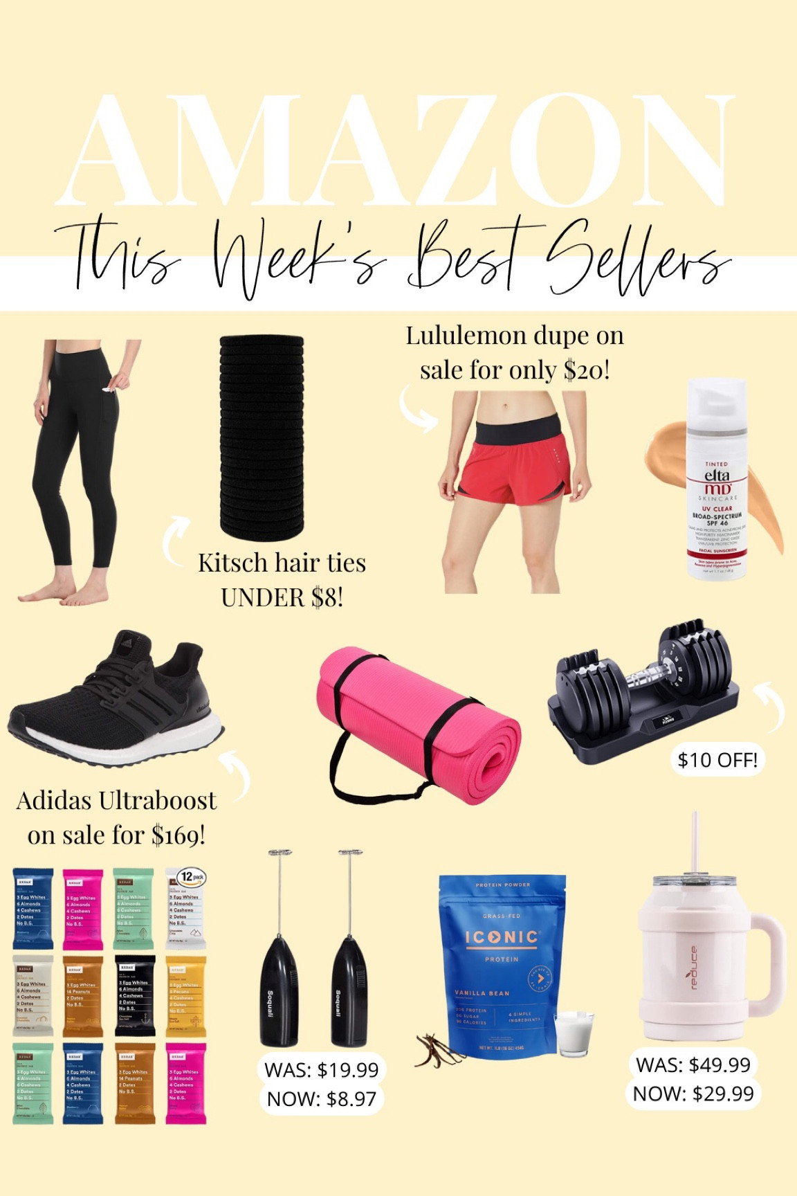 Amazon fitness finds // Lululemon align leggings dupe // kitsch hair ties // elta md // adidas ultraboost // yoga mat // adjustable weights // reduce jug 

#LTKunder50 #LTKfit #LTKFind