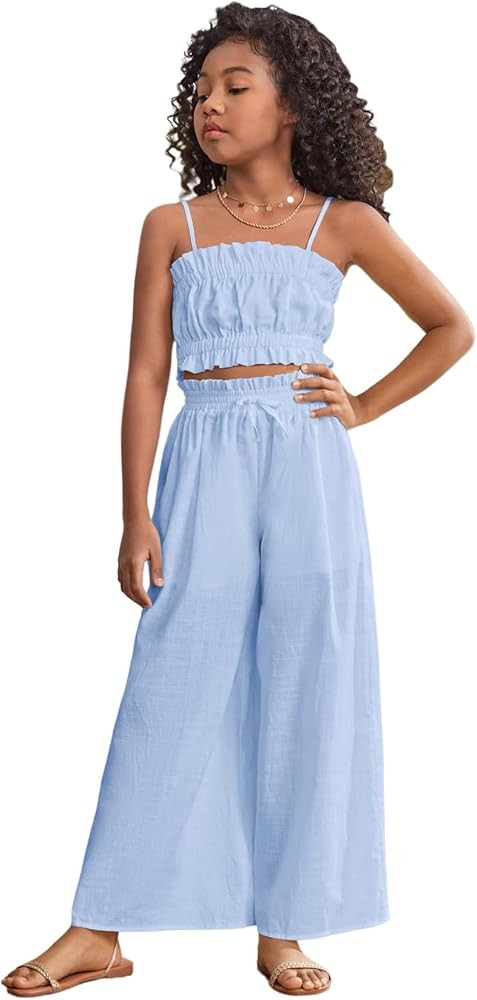 Floerns Girl's 2 Piece Set Ruffle Trim Cami Tops with Paperbag Waist Wide Leg Pants | Amazon (US)