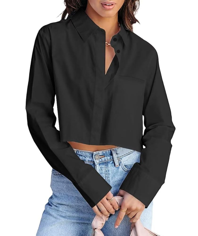 INFITTY Women's Button Down Cropped Shirts Long Sleeve Casual Crop Tops Loose Fit Cotton Lapel Bl... | Amazon (US)