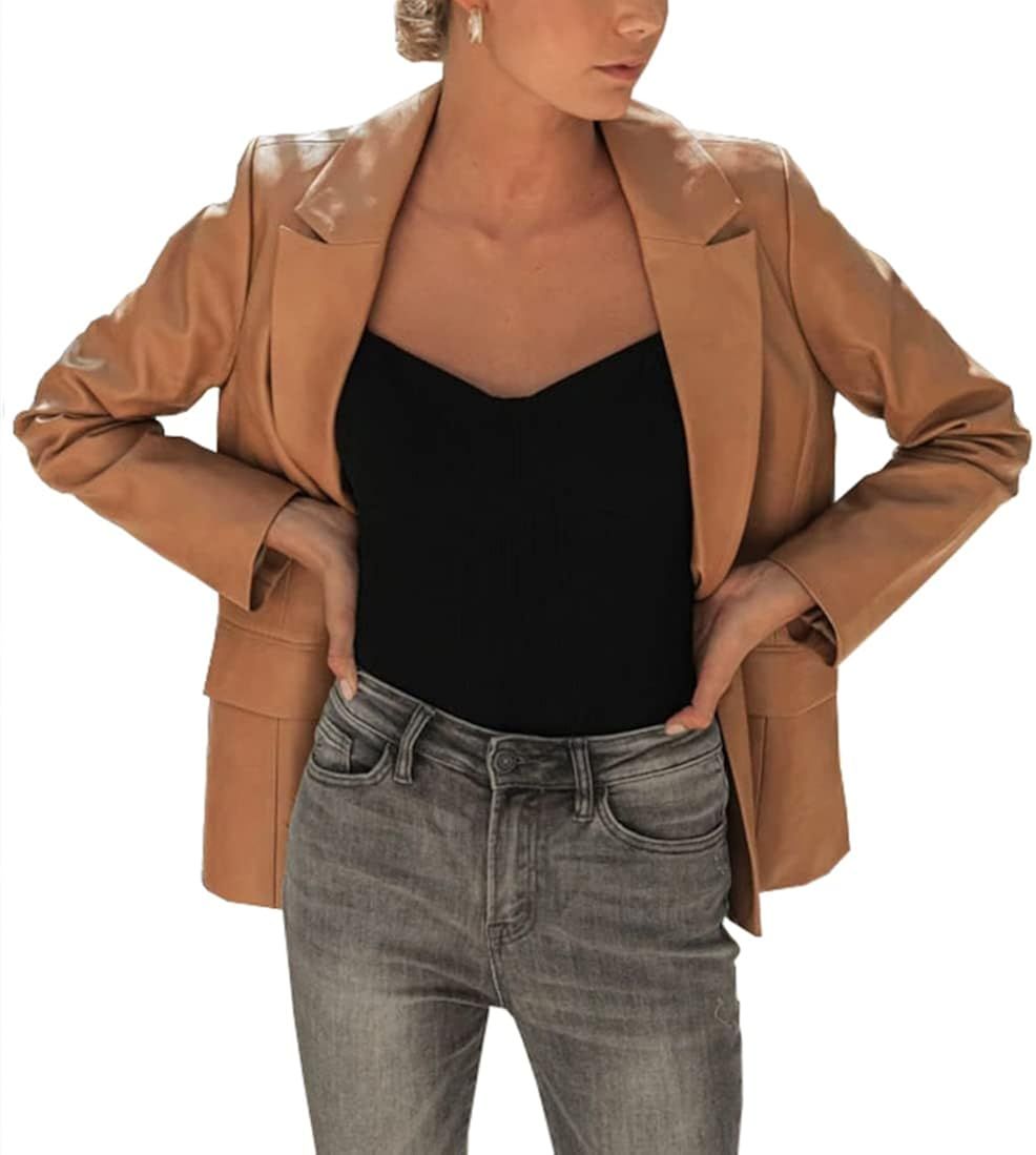 Heltapy Women's Leather Blazer Jacket Long Sleeves Alonso Vegan Leather Pockets Blazer | Amazon (US)