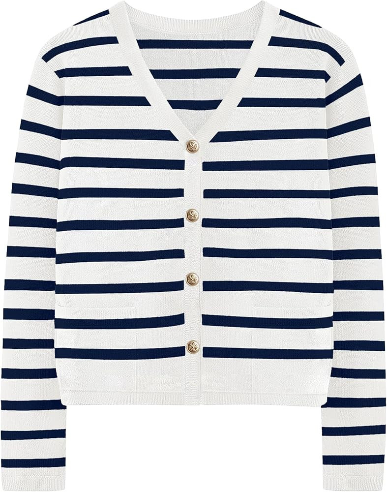 Women's Striped Cardigan Sweaters - Long Sleeve Button Down V Neck Knit Cardigans Classic Casual ... | Amazon (US)