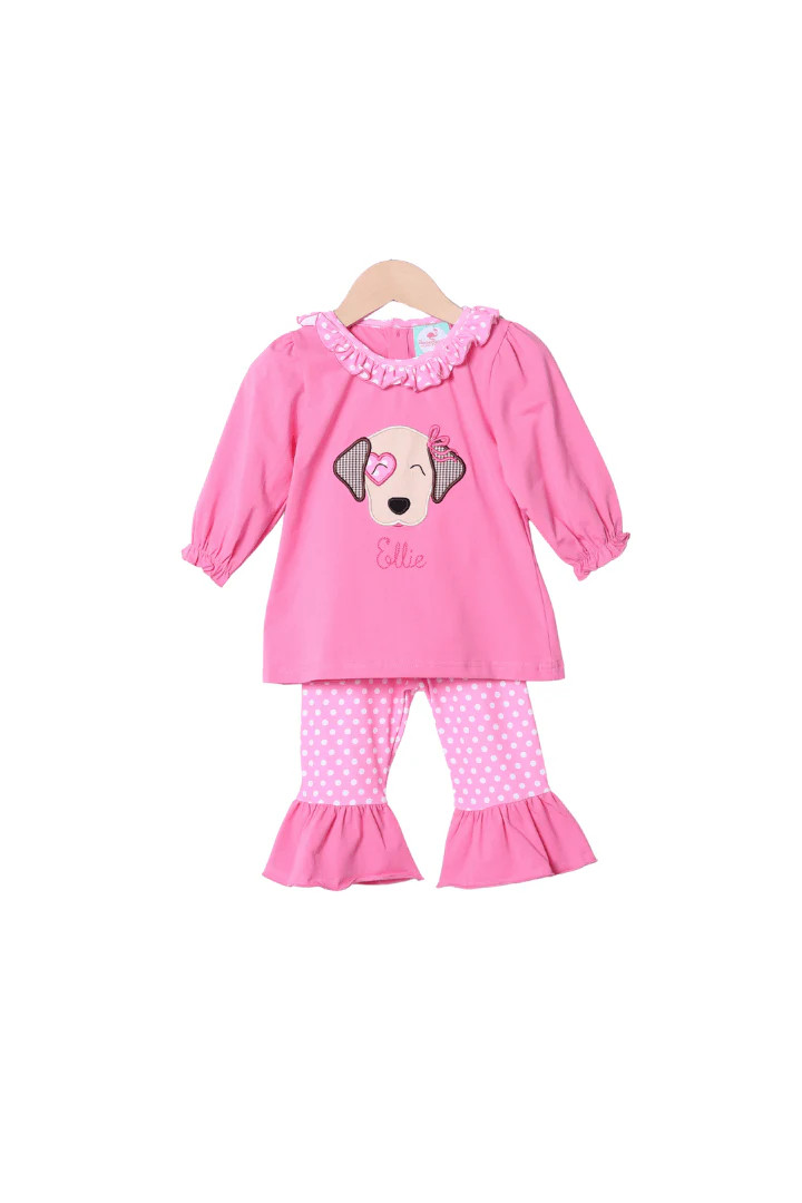 Applique Puppy Love Pink Polka Dot Knit Pant Set | The Smocked Flamingo