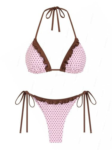seamoly Light Pink Polka Dot Print Ruffles Triangle Top & Brazilian Bottom Bikini Set Light Pink L | Amazon (US)