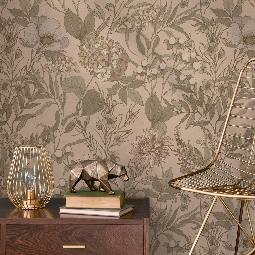 Botanical Wallpaper Featuring Intricate Wildflower Illustrations in Beige, Taupe, and Brown - E39... | Etsy (US)