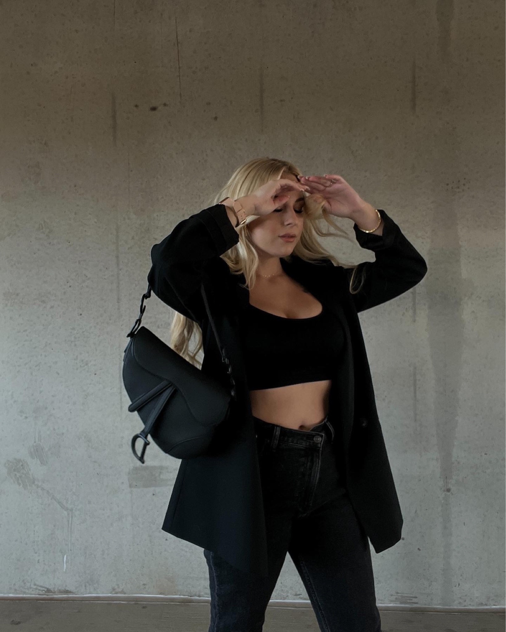 Minimalist all black fall outfit. Black blazer outfit. Abercrombie jeans. Dior black matte saddle bag. 

#LTKunder50 #LTKitbag #LTKunder100