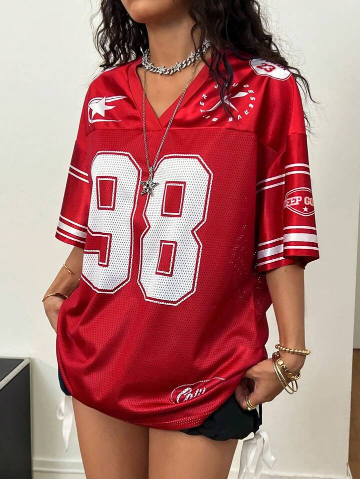 Coolane Vrouwen Lente/Zomer Festival Uitgaan Streetwear Vintage Ademend Mesh Nummer Patroon Grafische Baseball Jersey Rood Jersey | SHEIN