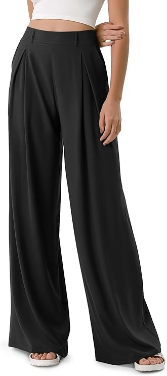 ODODOS Chiffon Flowy Pleated Wide Leg Pants for Women Lightweight High Waist Trouser with Pockets... | Amazon (US)