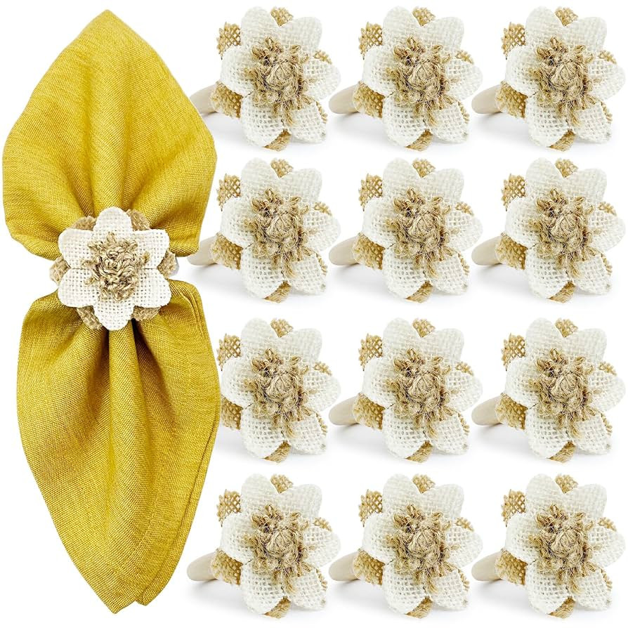 WINGFISH Burlap Flower Napkin Rings Set of 12 Farmhouse Boho Floral Napkin Rings Bulk for Dinning... | Amazon (US)
