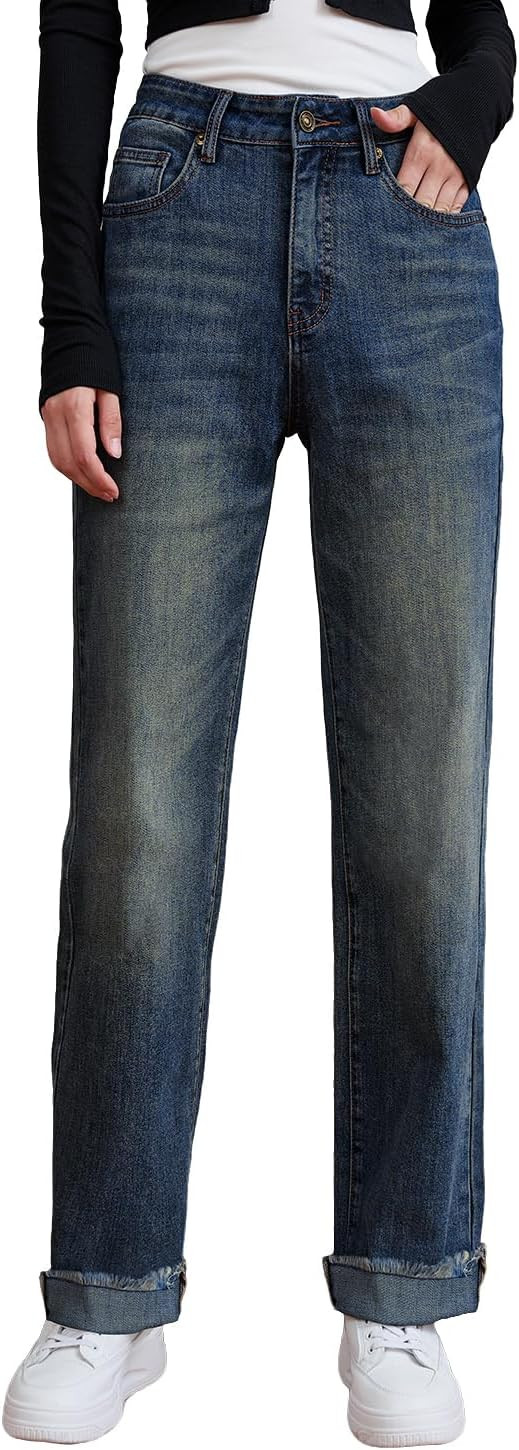 Womens High Waisted Jeans Stretchy Straight Leg Loose Fit Tummy Control Raw Hem Denim Pants Trend... | Amazon (US)