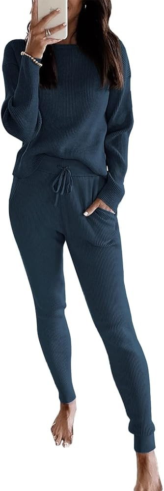 Eurivicy Women's Fall Rib Knit 2 Piece Outfit sets Long Sleeve Pullover Sweater Top and Drawstrin... | Amazon (US)