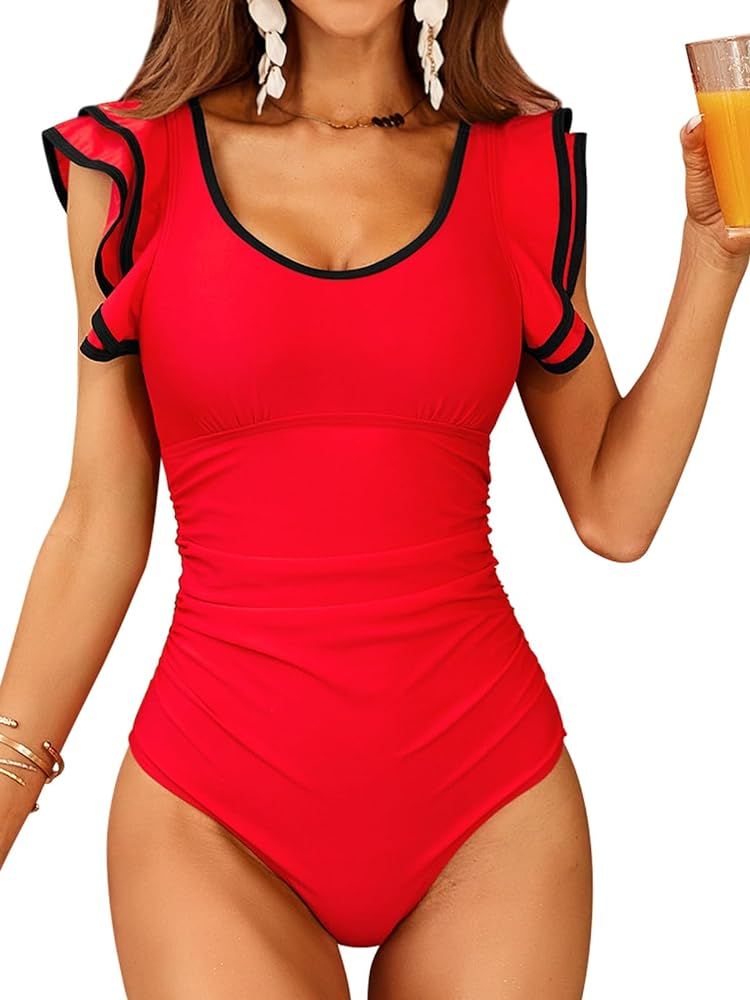 SOCIALA One Piece Swimsuit Ruffle Sleeves Sexy U Neck Ruched Tummy Control Bathing Suits Color Bl... | Amazon (US)
