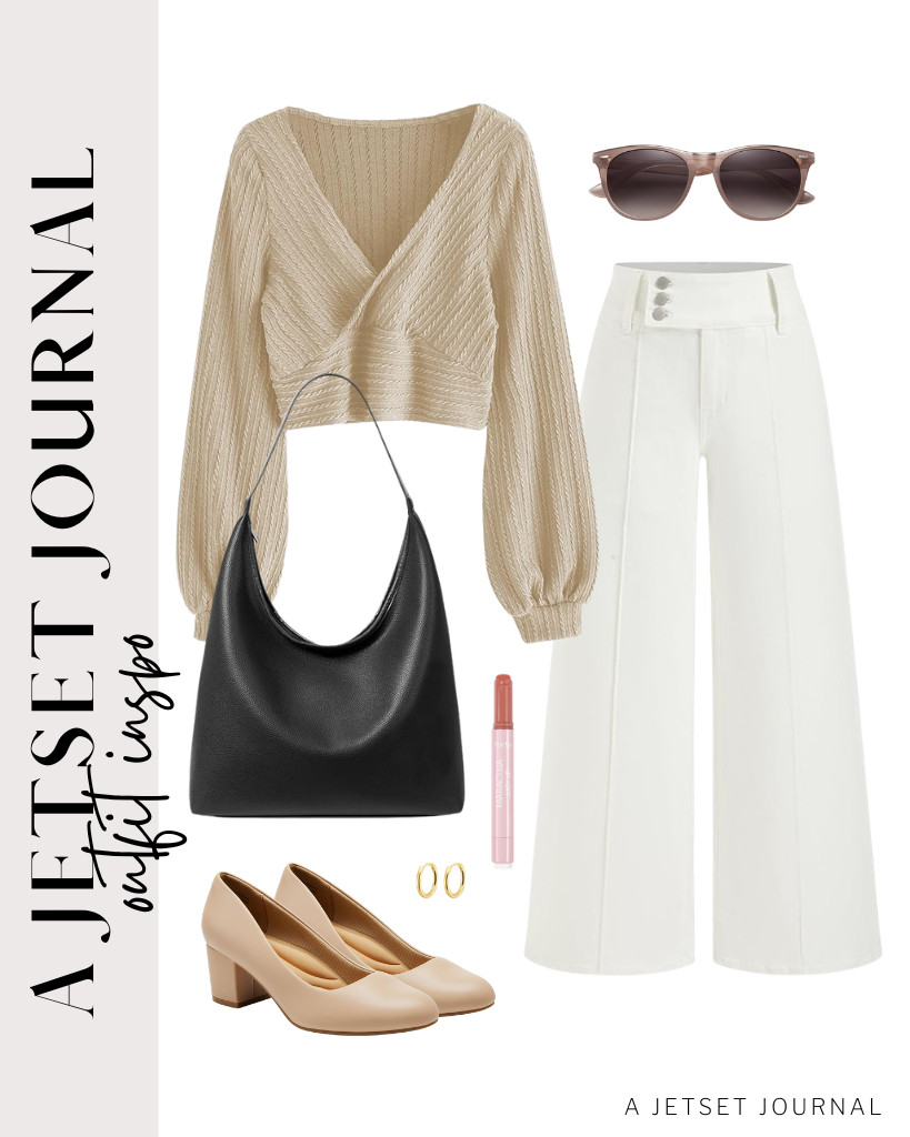 This beige wrap sweater from ZAFUL is perfect for white CIDER wide-leg jeans and DREAM PAIRS chunky-block heels. You can use this Fancy Forest shoulder bag and SOJOS polarized sunglasses for this fit.

#LTKSeasonal #LTKSaleAlert #LTKTravel
 

 