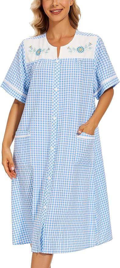 YOZLY House Dress Womens Embroidered Housecoat Short Sleeve Duster Robe with Front Pockets | Amazon (US)