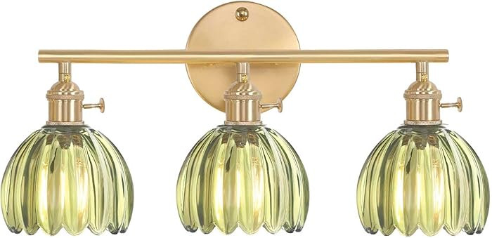 Bathroom Light Fixtures, 3-Light Brass Vanity Wall Light Over Mirror with Green Tulip Glass Shade... | Amazon (US)