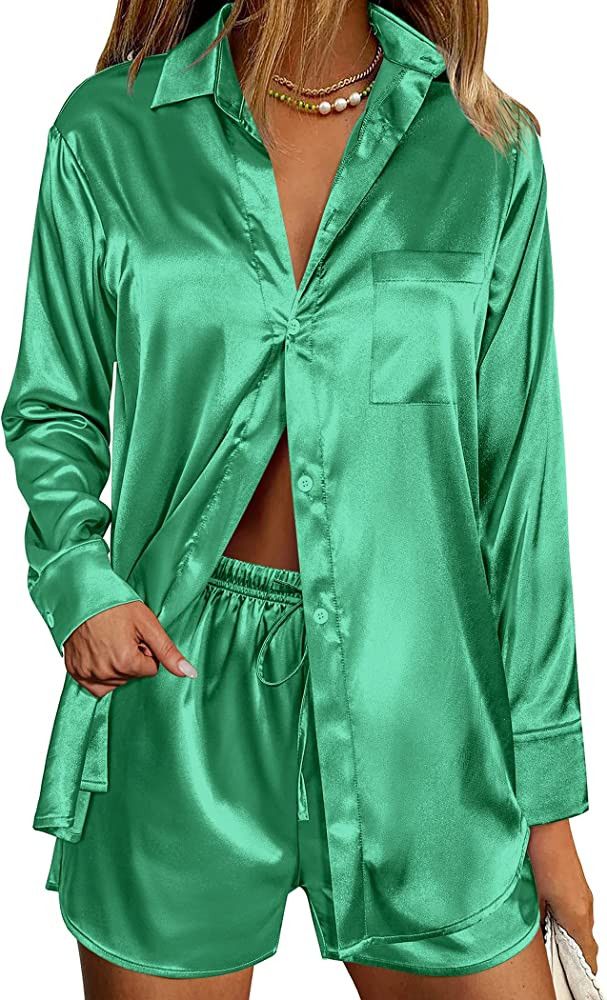 Ekouaer Womens Two Piece Satin Pajama Set Long Sleeve Lounge Sets Button Down Shirts... | Amazon (US)
