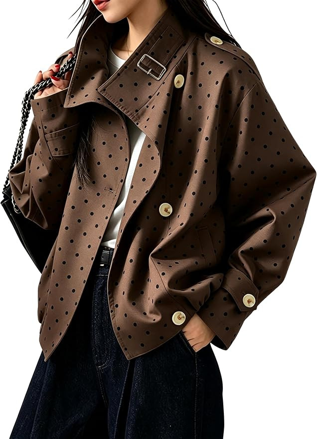 Women's Polka Dot Jacket Short Trench Coat Turtleneck Outwear Pocket | Lightweight Cropped Jacket... | Amazon (US)