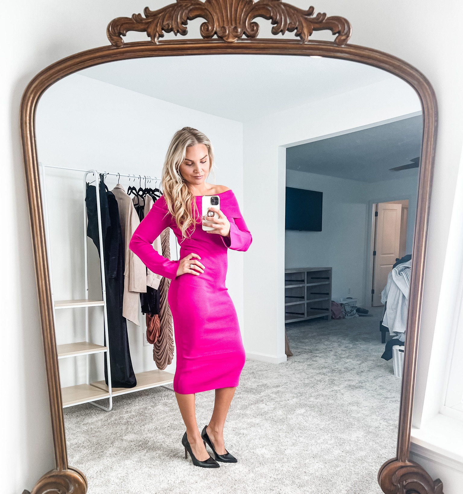 Date night dress, event dress, hot pink dress, pumps, heels, gold ornate mirror, going out dress. Cocktail dress

#LTKunder100 #LTKsalealert #LTKstyletip