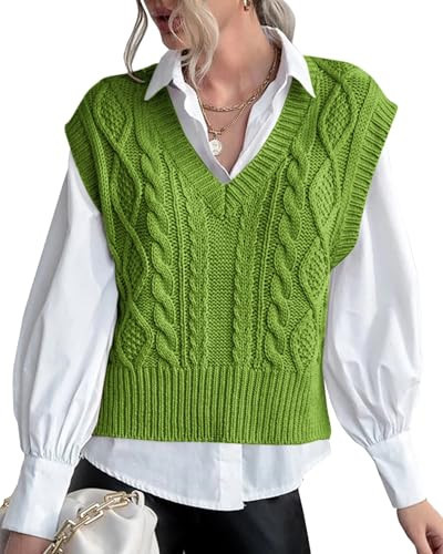 Lueluoye Women's V Neck Trendy Sweater Vest Old Money Clothes Women Sleeveless Cropped Yellow Green Sweater Vest M | Amazon (US)